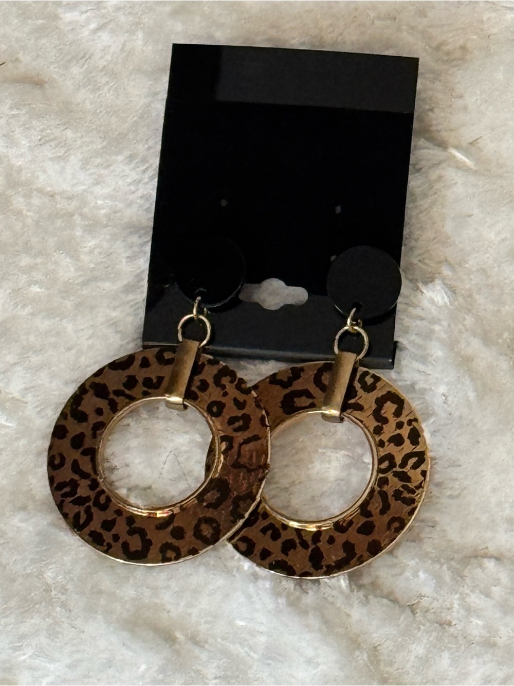 Leopard Print Hoop Drop Pierced Earrings - Brown Gold Lightweight
